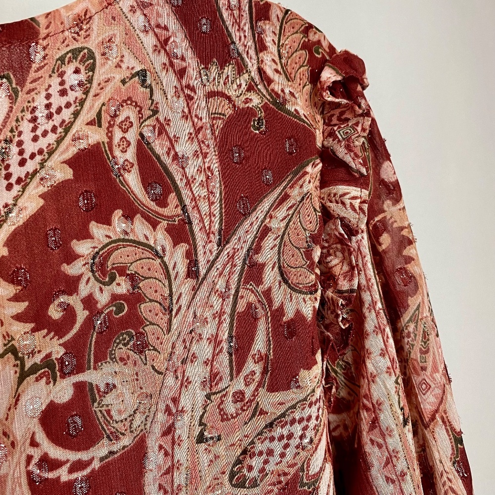 Rose & Olive Womenʻs Burgundy | Gold Paisley Print Long Sleeve V-Neck Blouse L - Picture 10 of 11